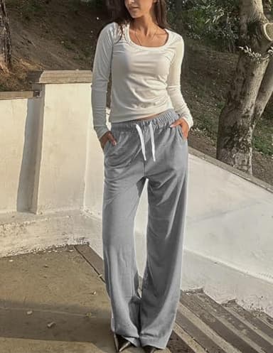 PINSPARK Wide Leg Sweat Pants for Womens High Waisted Baggy Sweatpants Casual Drawstring Workout Pants with Pockets - Image 6