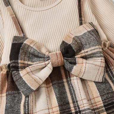 PATPAT Baby Girl Dress Newborn Infant Girls Long Sleeve Fall Ribbed Flannel Dress Toddler Suspender Dress with Bowknot Headband Khaki 6-9 Months - Image 6