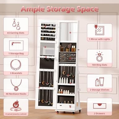 BTDWI 65’’ Jewelry Mirror Cabinet with Wheels, 360° Swivel Jewelry Armoire Floor Standing with Interior Led Mirror & Rear Storage Shelves, White - Image 5