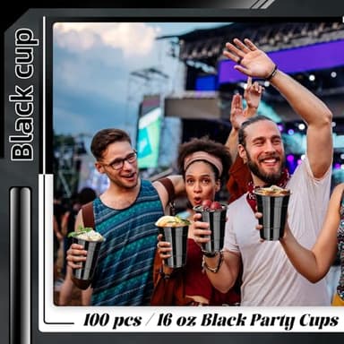 Dualshine 100 Pack Black Plastic Cups 16 oz, Disposable Cups for Party, Heavy Duty Drinking Cups, Halloween Cup for Wedding Birthday Beer Taste Serving Snack Sample Tastings Barbecues Picnic - Image 4
