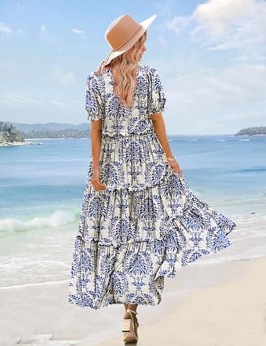 YESNO Summer Casual Bohemian Floral Dresses for Women Puff Short Sleeve Long Maxi Dress with Pockets (L ETX CR425B) - Image 4