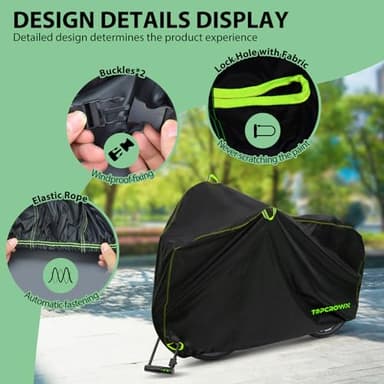 Topcrown Bike Cover Waterproof Outdoor Storage for 1/2/3 Bikes, Bicycle Cover Rain Sun UV Dust Wind Proof with Storage Bag for Mountain Road Bike/Ebike (210D Black+Green, XL Size for 1 bike) - Image 5