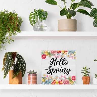 Spring Decor, Rustic Hello Spring Wood Sign Floral Art Decorations Tabletop Shelf Desk Home Decor, 5 X 5 Inches - Image 6
