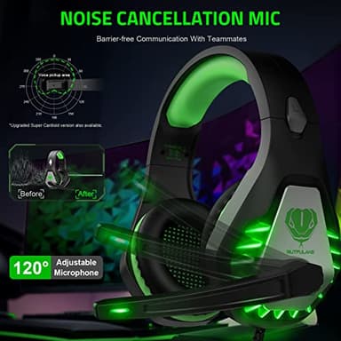 Pacrate Gaming Headset with Microphone for PC, PS4, PS5, Switch, Xbox Series X/S, Noise Cancelling Gaming Headphones with LED Lights for Kids Adults, Black Green - Image 2