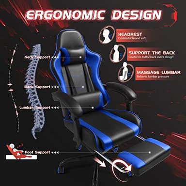 Shahoo Gaming Chair with Footrest and Massage Lumbar Support, Video Game Chairs Height Adjustable Seat with Headrest for Office or Bedroom, Study Room, Blue - Image 6
