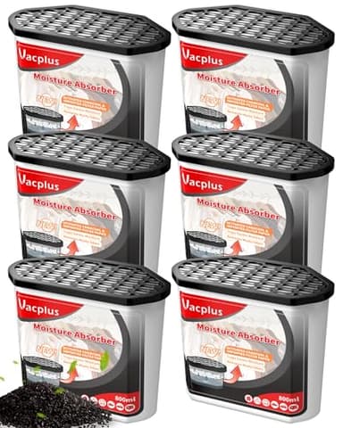 Vacplus Moisture Absorbers 6 Pack, 16.0 Oz Portable Humidity Absorber Boxes for Your Bathroom, Closet & Car, Dehumidifier with Activated Carbon, Black