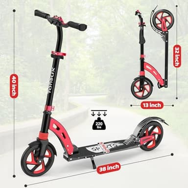 TONBUX Kick Scooter for Ages 6+, Dual Suspension Kids Scooter with Lightweight Aluminum Frame, Adjustable Handlebar Scooters for Kids, Teens and Adults (Black+Red) - Image 7