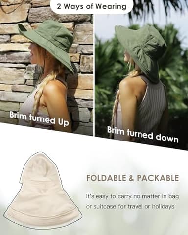 Sun Hats for Women Gardening Hat Wide Brim Ponytail Beach Sun Protection Breathable Cotton Summer Hat with Fold-Up Brim Beige - Image 7