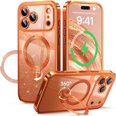 Offical Cosmic Orange for iPhone 17 Pro Max Case with 360 Spin Stand [DIY Glitter Cardstock] [Fit for MagSafe] 16FT Mil-Protection Polished for iPhone 17 Pro Max Case with Stand 6.9'', Cosmic Orange - Image 1