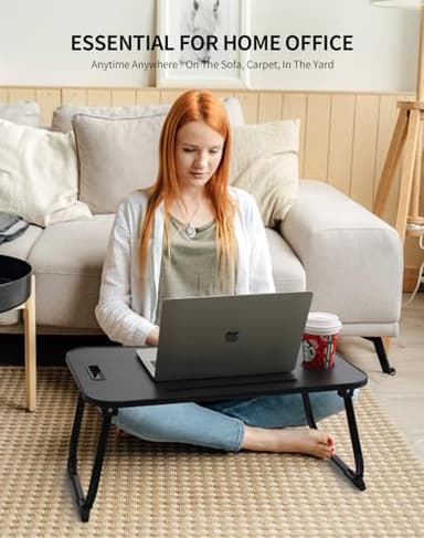 ZEAPTAC Laptop Bed Desk, Foldable Lap Table, Portable Study Table, Laptop Stand with Cup Holder & Tablet Slot & Lifting Handle for Working Writing Drawing & Eating - Dark Black - Image 4