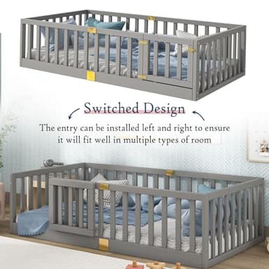 Tatub Twin Montessori Floor Bed with High Rails, Solid Wood Montessori Bed Frame for Kids, Door Can Install Left and Right, Twin-Grey - Image 6