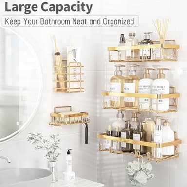 Liuoud 5 Pack Shower Caddy Organizer Rack Shelf for Inside Shower, Self Adhesive Wall Storage Basket Rustproof Stainless Steel Shampoo Holder Bathroom Accessory Decor Set, Gold - Image 2