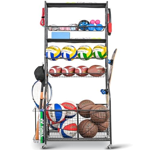Mythinglogic Garage Sports Equipment Organizer, Ball Storage Extra Large Capacity Six Tier Sports Organizer for Garage, Basketball Rack with Hooks and Baskets for Football, Soccer Ball, Bat, Toys - Image 1
