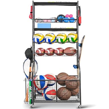 Mythinglogic Garage Sports Equipment Organizer, Ball Storage Extra Large Capacity Six Tier Sports Organizer for Garage, Basketball Rack with Hooks and Baskets for Football, Soccer Ball, Bat, Toys - Image 1