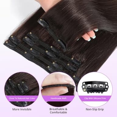 Nuzusa Clip in Hair Extensions Real Human Hair,100% Seamless Invisible Remy Human Hair Silky Straight,Clip Extensions for Women, 8pcs Per Set with Double Weft,2 Dark Brown,26inch 130g/4.6oz - Image 4