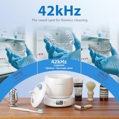 CANHOPE Ultrasonic Retainer Cleaner Machine, 42kHz Professional for Dentures, Aligners, Mouth Guards, Jewelry - IPX7 Waterproof Durable Removable Base and Top Cover, 3 Timer Settings, Quiet White - Image 2