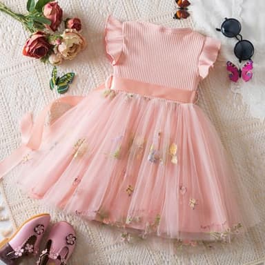 Nileafes Toddler Baby Girl Party Dress Floral Tutu Ruffle Sleeve Princess Cake Smash Photo Shoot Dresses Size 1Y (6-12 Months, 121-Pink) - Image 3
