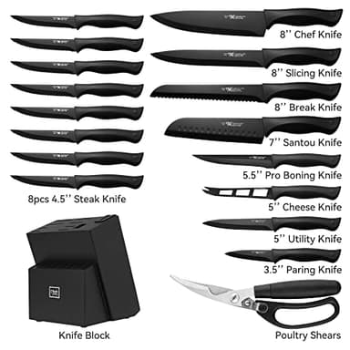 Knife Sets for Kitchen with Block, HUNTER.DUAL 19 Pcs Kitchen Knife Set with Block Self Sharpening, Dishwasher Safe, Anti-slip Handle, Black - Image 2