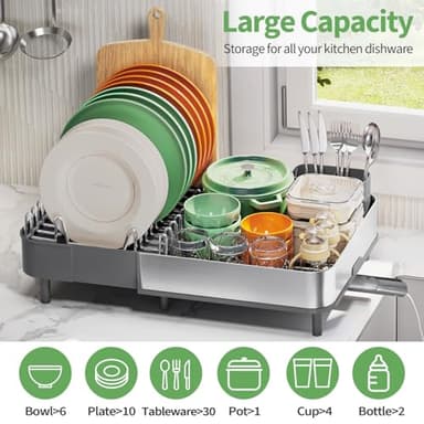 Expandable Dish Drying Rack,Foldable 304 Stainless Steel Dish Rack with Dual Parts, Extendable Dish Drainer Rack for Kitchen Counter, Dish Drying Rack with Cutlery Holder Gray - Image 5