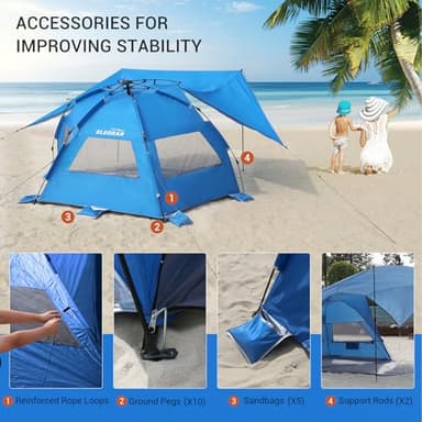 Elegear Beach Tent with 360° Removable Canopy, 4-6 Person Pop Up Sun Shade Shelter, UPF 50+ Automated Installation Double Silver Coating Portable Lightweight Beach Cabana for Beach/Camping/Outdoor - Image 6