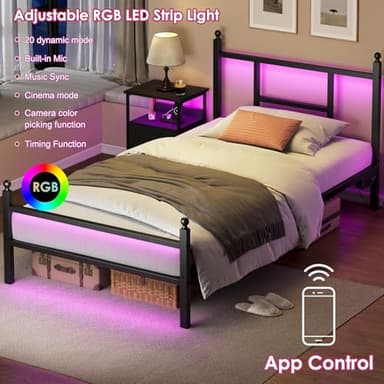 Fixwal Twin Bed Frame with Charging Station, Metal Bed Frame with Port and Outlet, Black - Image 3