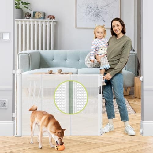 Reinforced 55" Wide Retractable Baby Gates for Doorways to Prevent Crawling Under, Outdoor Retractable Gate, Mesh Child Safety Gates for Toddlers, Indoor/Outdoor Baby Gate for Deck/Porch/Patio, White - Image 1