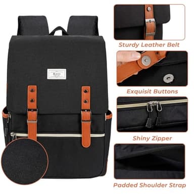 Ronyes Vintage Laptop Backpack for Women Men,15.6 inch Bookbag Casual Daypack with USB Charging Port for College Work, Black Backpacks - Image 4