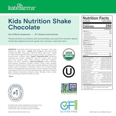 KATE FARMS Organic Kids Nutrition Shake, Chocolate, 8g of protein, 27 Vitamins and Minerals, Meal Replacement Drink, Protein Shake, Gluten Free, Non-GMO, 8.45 Fl oz (Pack of 12) - Image 2