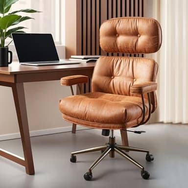 ovios Ergonomic Home Office Chair, Mid-Century Modern Faux Leather Chairs with Thickened Cushions, Comfy High Back Swivel Rolling Executive Computer Armchair (Brown, Suede Leather) - Image 9