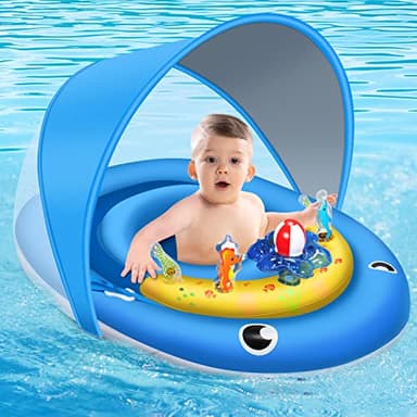 Baby Pool Float with Canopy UPF 50+ Sun Protection, 6-24 Months Inflatable Infant Swimming Ring, Bath Floatie, Swimming Pool Accessories, and Toy Play Console with Adjustable Safety Seat - Image 1