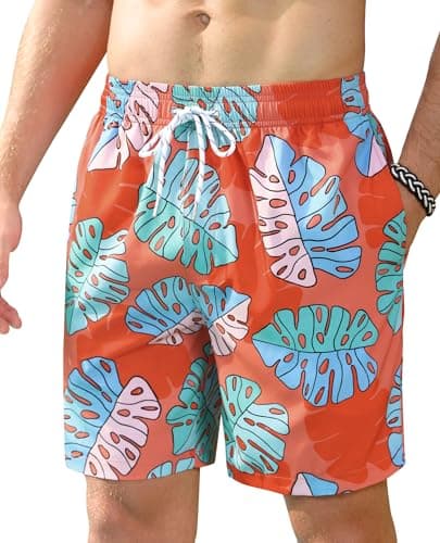 Gleeease Mens Lined Swim Trunks: 7 inch Quick Dry Stretchy Soft with Mesh Liner Beach Pool Water Sport Orange Hawaiian Leaf - Image 1