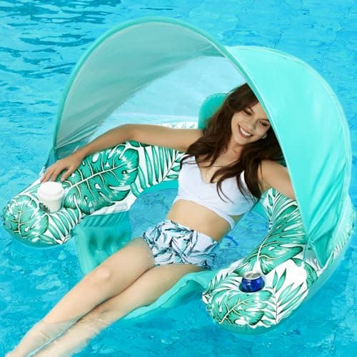 Jasonwell Pool Float with Canopy - Inflatable Pool Floaties Adult Floating Pool Chair Lounge Floats for Swimming Pool Water Chair Pool Lounger with Cup Holders Pool Toy Party Floaty for Adults - Image 1