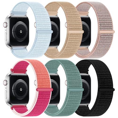 6 Pack Nylon Sport Loop Band Compatible with Apple Watch Band 38mm 40mm 41mm 42mm 44mm 45mm 46mm 49mm Women Men, Soft Adjustable Replacement Straps for iWatch Series 11 10 9 8 7 6 5 4 3 2 1 SE Ultra - Image 1