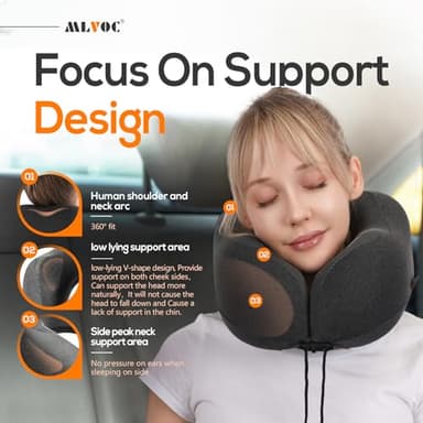 MLVOC Travel Pillow 100% Pure Memory Foam Neck Pillow, Comfortable & Breathable Cover, Machine Washable, Airplane Travel Kit with 3D Contoured Eye Masks, Earplugs, and Luxury Bag, Standard (Black) - Image 3