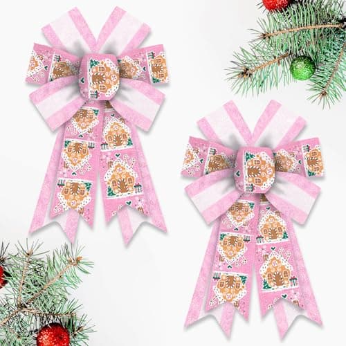 Blinket 2pcs Christmas Bows for Wreath, 8.46 inch 12.99 inch Pink and White Stripe With Gingerbread House Design, Wired Craft for Holiday Tree Topper, Front Door, and Indoor Decor - Image 1