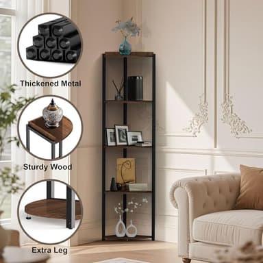 ZOUTOG 5 Tier Corner Shelf with LED Light, 62 Inch Tall Standing Narrow Bookshelf for Small Space with Storage Rack, Wooden Plant Corner Display Shelf with Metal Frame for Bedroom, Living Room - Image 4