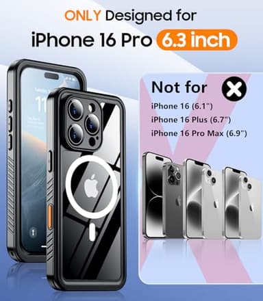 Temdan Magnetic for iPhone 16 Pro Case Waterproof,Built-in Screen Protector[IP68 Underwater][Upgrade Military Dropproof][Compatible with MagSafe] Full Body Shockproof for Case 6.3''-Black - Image 6
