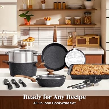 Kitchen Induction Cookware & Bakeware Set - 30 Piece Black Granite Cooking Pans Set, Non-Stick Pots and Pans Set - Image 2