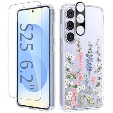 GVIEWIN for Samsung Galaxy S25 Case, [Screen & Camera Lens Protector] [Non Yellowing] Floral Clear Slim Shockproof Military-Grade Protection Phone Cover, Flower Design for Women, Rubiaceae/Colorful - Image 1