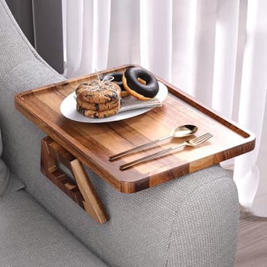 Danfoxer Acacia Wood Couch Arm Tray,Folding Sofa Armrest Tray,Couch Arm Table Clip-On Couch Desk for Drinks, Snacks,Phone,Remote Control - Image 2
