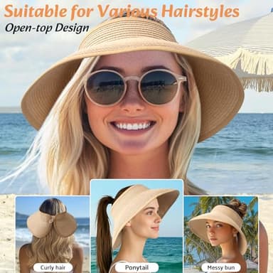 NPQQUAN Sun Visor Hats for Women Wide Brim Ponytail Straw Beach Hat Packable Foldable UPF 50+ Floppy Travel Hats Khaki - Image 3
