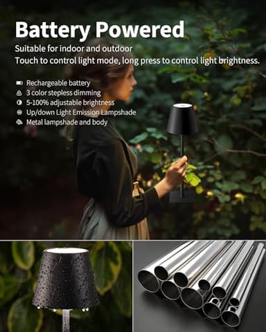 KDG 2 Pack Cordless Table Lamp, Portable LED Desk Lamps, 5000mAh Battery Operated, 3 Color Stepless Dimming Up, for Restaurant, Bedroom, Outdoor Camping, Coffee Shop, Night Light, Rechargeable (Black) - Image 4