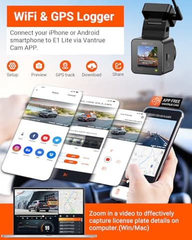 Vantrue E1 Lite 1080P WiFi Mini Dash Cam with GPS and Speed, Free App, Voice Control Detachable Dash Camera, 24 Hours Parking Mode, Night Vision, Motion Detection, Loop Recording, Support 512GB Max - Image 4
