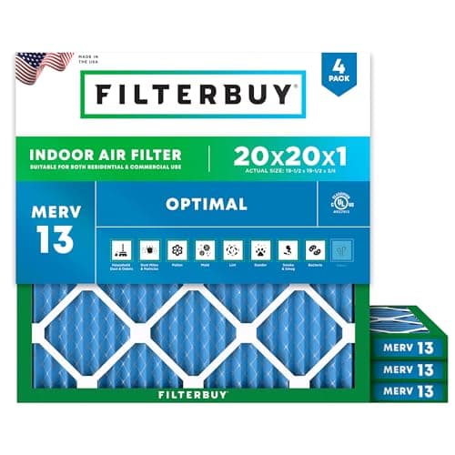 Filterbuy 20x20x1 Air Filter MERV 13 (MPR 1900) Health Defense Replacement (4-Pack), Electrostatic Pleated HVAC AC Furnace Filters, Made in USA (Actual Size: 19.50 x 19.50 x 0.75) - Image 1