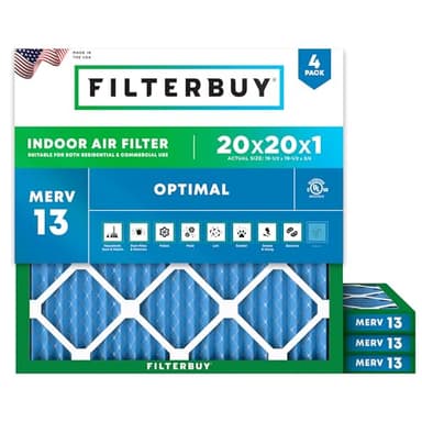 Filterbuy 20x20x1 Air Filter MERV 13 (MPR 1900) Health Defense Replacement (4-Pack), Electrostatic Pleated HVAC AC Furnace Filters, Made in USA (Actual Size: 19.50 x 19.50 x 0.75) - Image 1