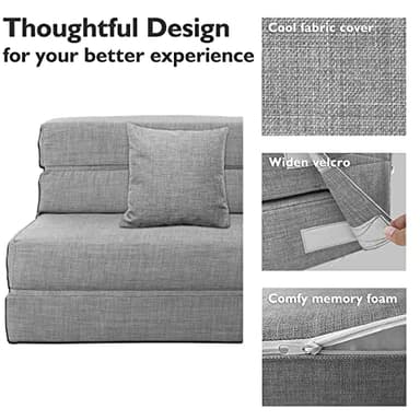 ANONER 60" Folding Sleeper Chair Sofa Bed Lazy Couch with 2 Pillows, Queen Size Memory Foam Washable Cover, Light Gray - Image 6