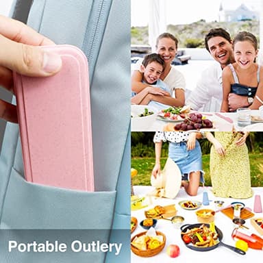 Reusable Travel Utensils Set with Case, 4 Sets Wheat Straw Portable Knife Fork Spoons Tableware, Eco-Friendly BPA Free Cutlery for Kids Adults Picnic Camping Utensils(Green, Beige, Pink, Blue) - Image 4