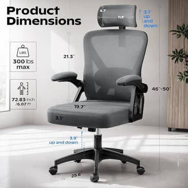 Ergonomic Office Chair, Home Office Desk Chair with Headrest, High Back Mesh Chair with Flip-up Armrests, Comfy Desk Chair with Lumbar Support, Rolling Swivel Task Chair for Office - Image 7