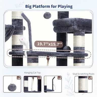 Gitelsnour Cat Tree, Cat Tower for Large Cats with 2 Big Platforms, 2 Baskets, condo and Toys, 63" Cat Scratching Posts for Indoor Cats, Smoky Gray GCT020G - Image 4