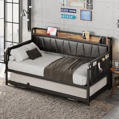 LIKIMIO Daybed with Trundle Bed, Twin Bed Frame with Storage Headboard and Charging Station, Sofa Day Bed with Strong Supports for Living Room, Bedroom, and Guest Room, Black - Image 9